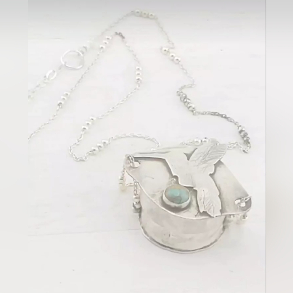 HUMMINGBIRD TURQUOISE BOX PENDANT HANDMADE IN STERLING SILVER METAL - Picture 2 of 8